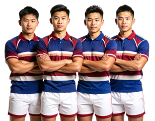 Four rugby players standing with their arms crossed, wearing blue and maroon striped 