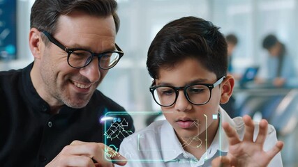 A father and son are looking at a futuristic phone screen with augmented reality elements. - Powered by Adobe