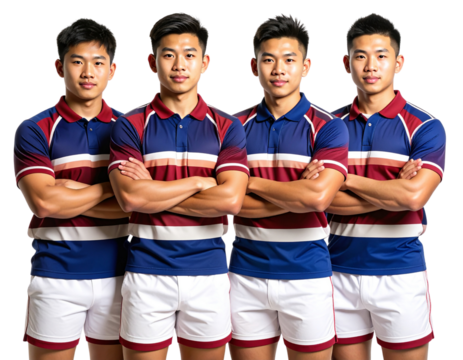Four rugby players standing with their arms crossed, wearing blue and maroon striped 