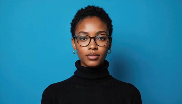 Young African American woman in black sweater with short curly hair wearing black eyeglasses on blue studio background. Her face shows a contemplative expression, eyes looking upwards. - Powered by Adobe