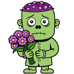 Vector art of a sad zombie holding flowers isolated on white background