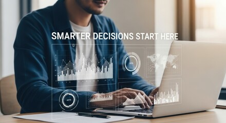 Man using laptop with futuristic digital data analytics interface business technology