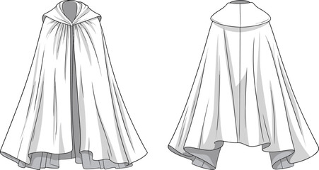 CAD drawing flat vector illustration, elegant white cloak design, front and back view, garment sketch, fashion template, clothing outline, costume wear
