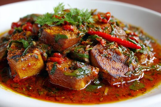 Experience the rich flavors of tuna ambul thiyal dish featuring fresh ingredients and vibrant spices on a white background