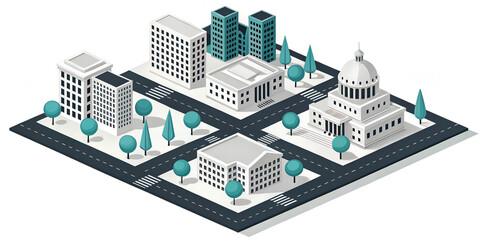 Illustration of isometric city with buildings and trees isolated on white background