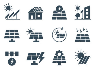 Solar Energy Icon Set Vector | Solar panel, Renewable Power System Collection | Green, sustainable, electricity, sun, panel, generation, storage, smart city glyph icons illustration