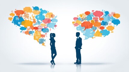 Two figures, facing each other, with colorful thought bubbles