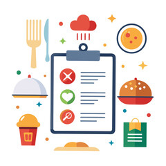 Food inspection checklist with culinary icons and sparkling elements isolated on white background silhouette