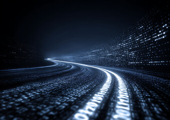 Fototapeta premium Winding digital road of glowing binary code in dark blue data technology