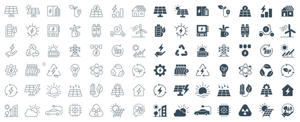 Sustainable, Solar Energy Icon Set Vector | Solar Power Grid, Renewable Technology Collection, solar panel | Sun, panel, battery, pylon, wind, hydro, smart home, outline and glyph icons illustration