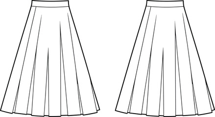 CAD drawing flat vector illustration, pleated skirt design, garment sketch, fashion apparel template, sewing pattern, front back view, clothing outline