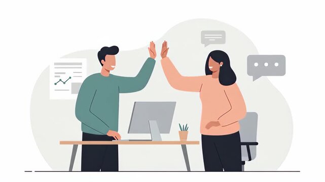 Flat vector a successful business team is celebrating their achievement with a high five in the office, showcasing collaboration and a positive work environment