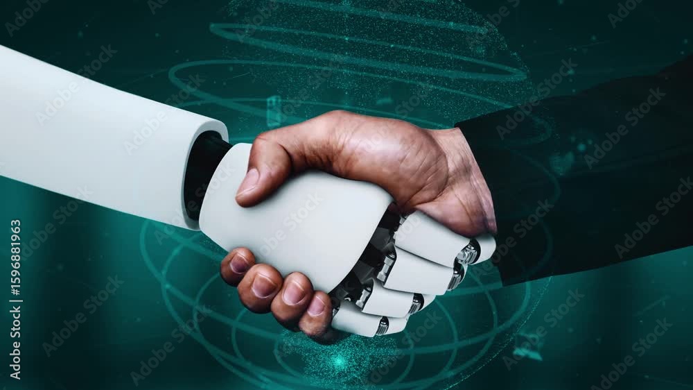 Poster internet connection controlled by ai robot huminoid and machine learning process to analyze data con