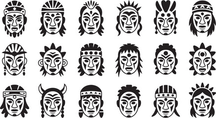 Tribal Spirit Faces – Ethnic Silhouette Icon Set

