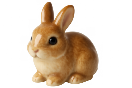 Small ceramic brown rabbit figurine isolated on transparent background, perfect for easter or animal themes