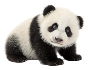 A cute baby panda sitting down with a curious expression on its face against a transparent background