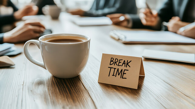 Coffee break during a meeting. A moment to recharge and connect with colleagues. Papers, and open cups surround the sign for taking a moment to pause.