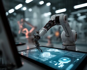 Advanced robotic arm interacts with a futuristic touchscreen display in a modern factory setting showcasing automation technology.