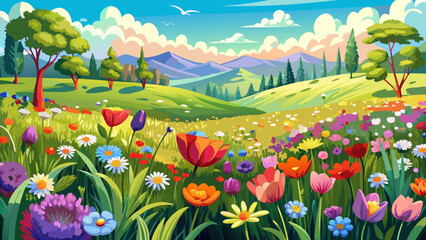 Fototapeta premium Nature outdoors bursts with colorful meadow flowers during spring summer season. Set against a white background, each petal and leaf is rendered in semi-realistic style, ideal for bright, cheerful 
