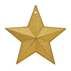 Golden soft padded five-pointed star ornament made of textured metallic fabric with subtle sheen, isolated on a clean white background with copy space, bright even lighting, slightly high angle,