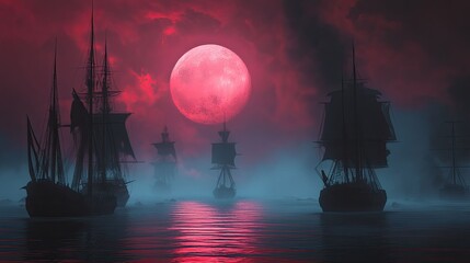 Obraz premium Crimson moon silhouettes sailing ships misty sea