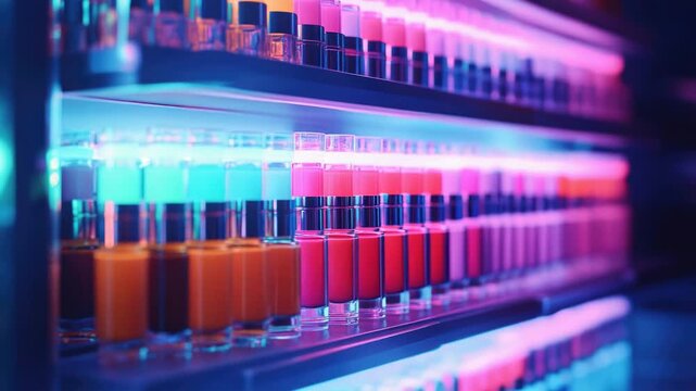 Row of colorful nail polish bottles on a shelf, perfect for beauty or cosmetics-themed projects