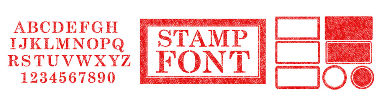 Vector set of red rubber stamp font isolated on white background.