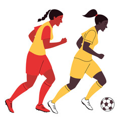 Flat Vector Illustration of Female Soccer Players Competing, Sports Design, girls playing football Vector Set, Action Poses with Ball
