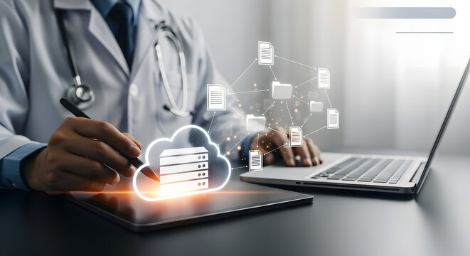Medical professional analyzing data through cloud computing technology, highlighting data protection and network security