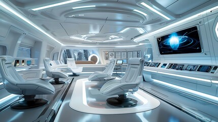 Futuristic office space with advanced holographic displays, modern furniture, and sleek design elements