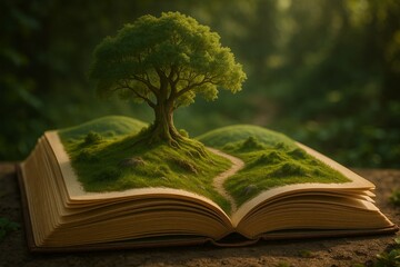 A magical open book with a miniature tree and lush landscape growing from its pages. Sunlit and hyper-realistic, symbolizing imagination, storytelling, and fantasy worlds