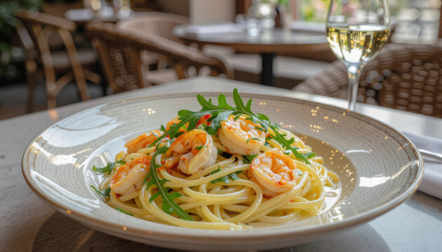 Mediterranean pasta with shrimp and arugula on table in restaurant with warm ambiance