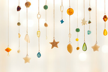 Delicate hanging ornaments featuring shells, stars, and glass pieces suspended by fine threads create a whimsical and ethereal decorative display.