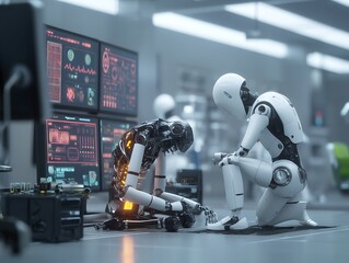 Futuristic robots collaborate in a high tech laboratory setting showcasing advanced AI and technology development