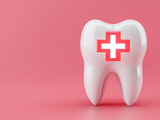 Dental Care Symbol: A tooth icon with a bright plus sign on a pink background, representing dental health and medical assistance.
