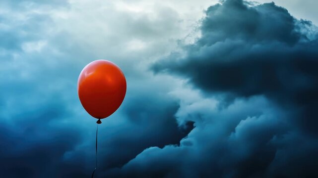 A bright red balloon drifting through a white and gray clouded sky