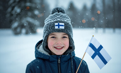 Happy boy in winter hat holding Finnish flag in snow. Kid with Finnish flag patch on hat smiling and celebrating Finland Independence Day. Finnish language.