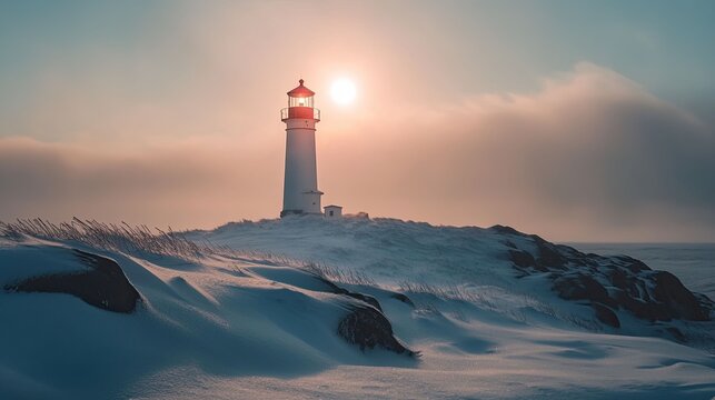 Solitary lighthouse sunset winter snowscape