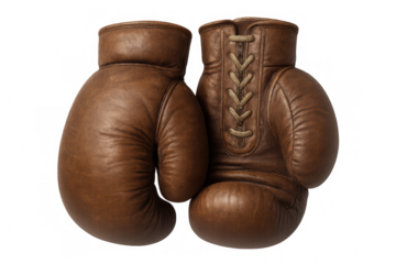 Vintage brown leather boxing gloves, worn and weathered, resting against neutral transparent backdrop