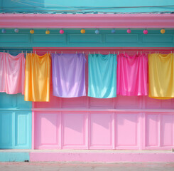 Colorful fabric hangs on minimal pastel storefront, featuring pink, blue, yellow, and purple cloths, creating cheerful and vibrant street scene with decorative lights above