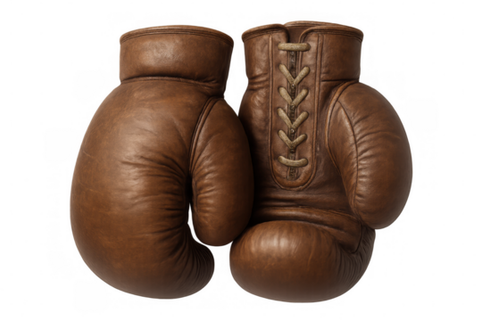 Vintage brown leather boxing gloves, worn and weathered, resting against neutral transparent backdrop