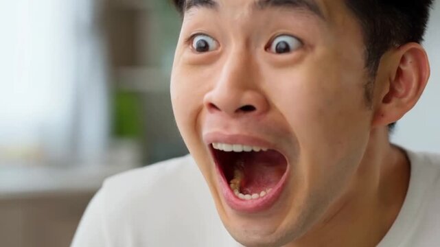 A young man's face displays shock and surprise, mouth wide open in astonishment.