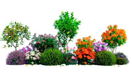 Beautifully designed flower garden with layered plants, blooming flowers, and a small tree, isolated on transparent background.
