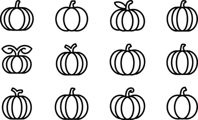 Autumn harvest: twelve vector pumpkin icons, minimalist line art style