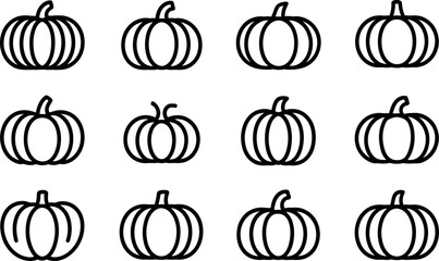 Twelve vector pumpkin icons: autumn harvest line art