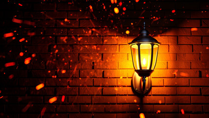 Old brick wall. Building lantern, neon glow, sharp spotlight, drifting smoke. Night.