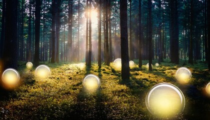 enchanting forest of glowing orbs illuminated by mystical light