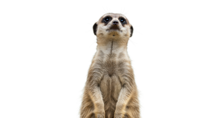 Adult meerkat, light brown fur, dark eye patches, standing upright on hind legs with curious gaze, isolated against a seamless transparent studio background with no shadows, scientific commercial