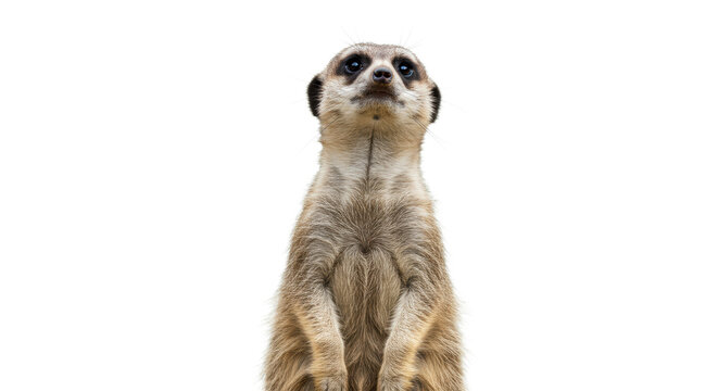 Adult meerkat, light brown fur, dark eye patches, standing upright on hind legs with curious gaze, isolated against a seamless transparent studio background with no shadows, scientific commercial