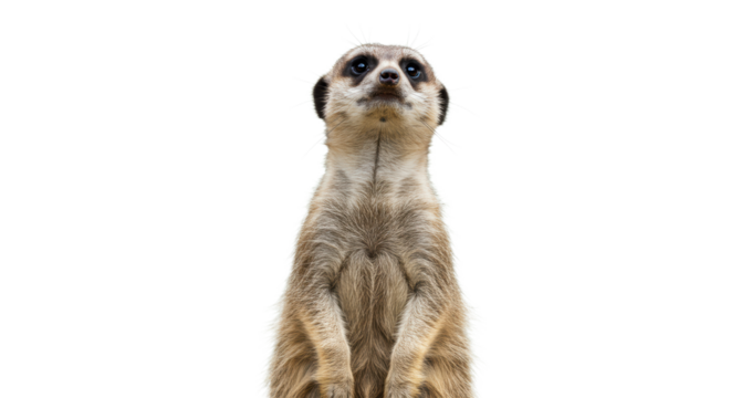 Adult meerkat, light brown fur, dark eye patches, standing upright on hind legs with curious gaze, isolated against a seamless transparent studio background with no shadows, scientific commercial